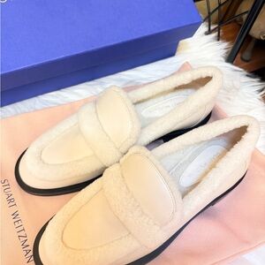 Stuart Weitzman Shearling-Trimmed Cream Loafers